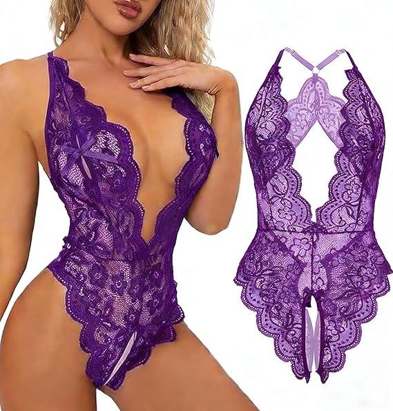 Laven & Ivory Deep V Floral Lace Halter Bodysuit