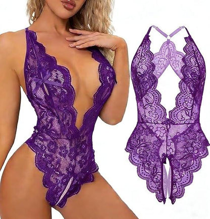Laven & Ivory Deep V Floral Lace Halter Bodysuit