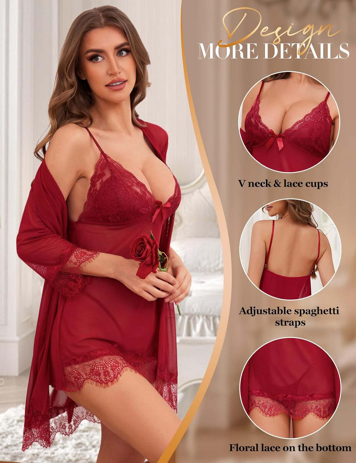 Laven & Ivory Sexy Lingerie for Women Sets Nightwear with G-String Robe Lace Babydoll Mesh Chemise Nightdress Sleepwear V Neck Dress Bridal Lingerie