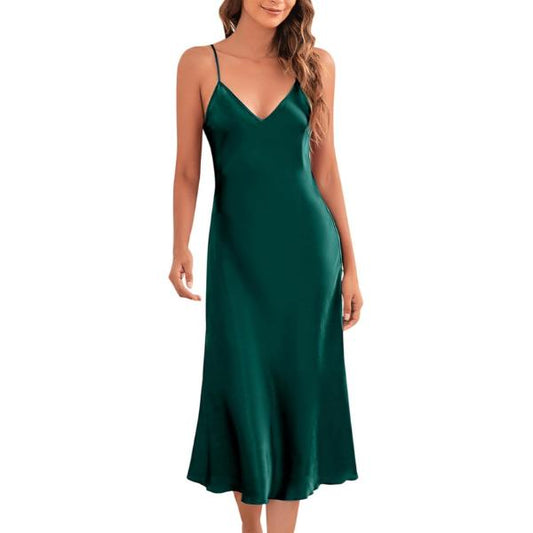 Silky Satin Chemise Nightdress in Dark Green